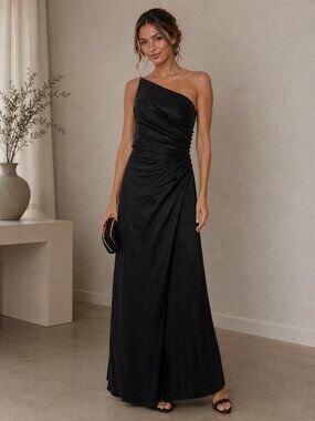 Galina Signature One Shoulder Black Satin Black Tie Gown Size 4
